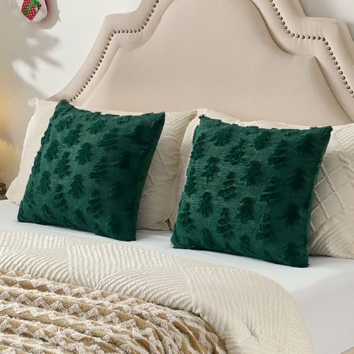 Christmas Tree Faux Fur Pillow Covers Set of 2 18x18 Dark Green Winter Decor