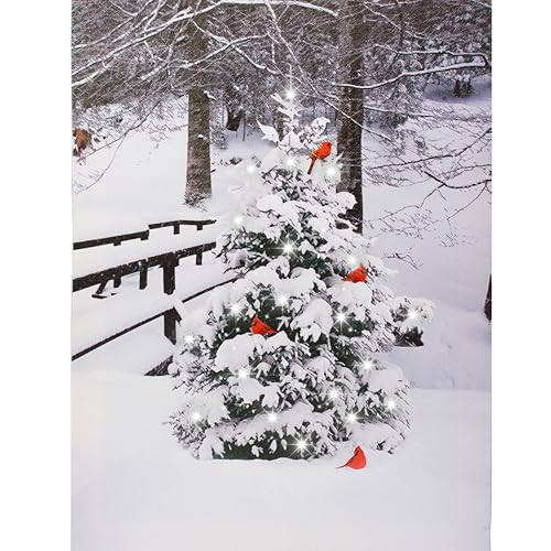 Cardinals on Snow Lighted Canvas Wall Art - Winter Scene with LED Fiber Optic Lights - 16x12 Inches - Variation 1
