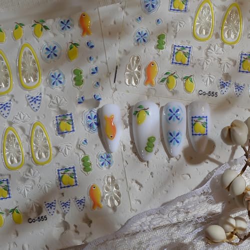 Tephrent 3 Sheets 5D Embossed Summer Fruit Lemon & Floral Nail Stickers