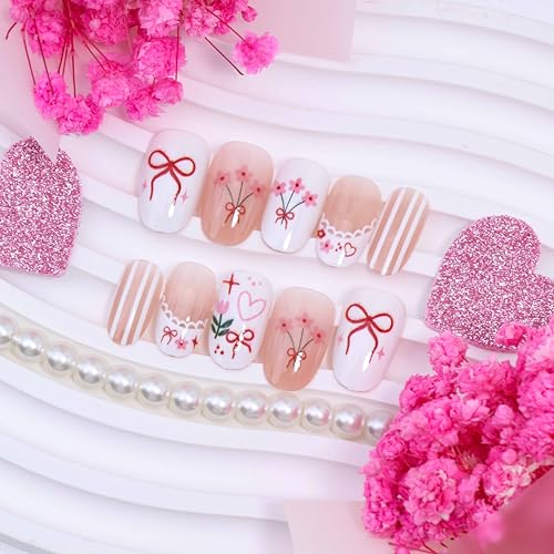 Short Almond French Tip Press On Nails with Heart and Bow Designs, 24Pcs