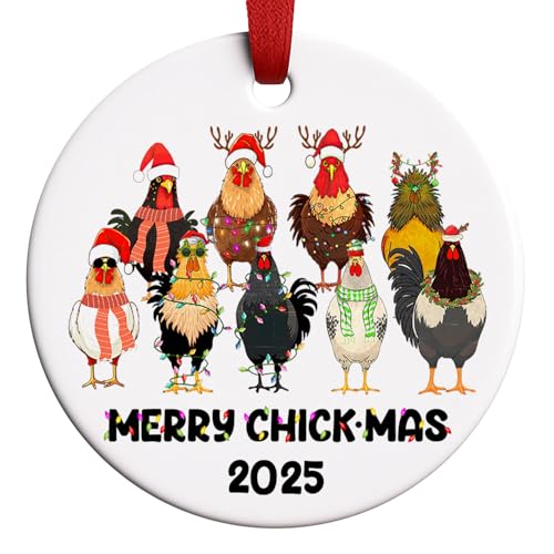 Merry Chick-Mas 2025 Ceramic Chicken Ornament - Farmhouse Decor