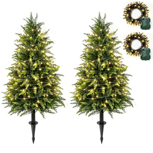 3FT Cedar Topiary Artificial Plants with Detachable 80 LED Lights - 2 Pack