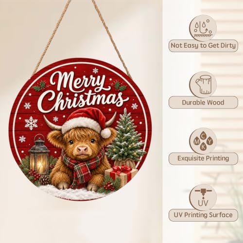 Winter Highland Cow Christmas Sign for Front Door 12x12 Inch Wooden Holiday Decor - Round, Outdoor Indoor Wall Hanging - Variation: Cow, 12"x12"