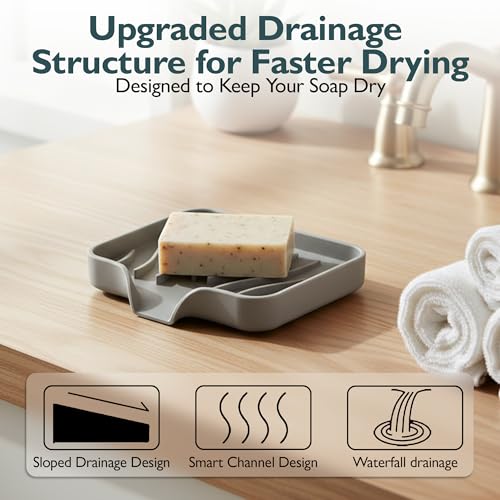 1 Pack Self Draining Silicone Soap Dish with Drain Spout for Bathroom & Kitchen