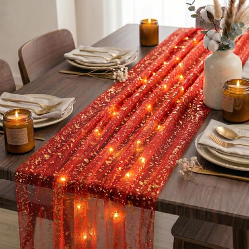 Artscope Lighted Red Gauze Table Runner - 28 x 120 Inches for Weddings & Holidays