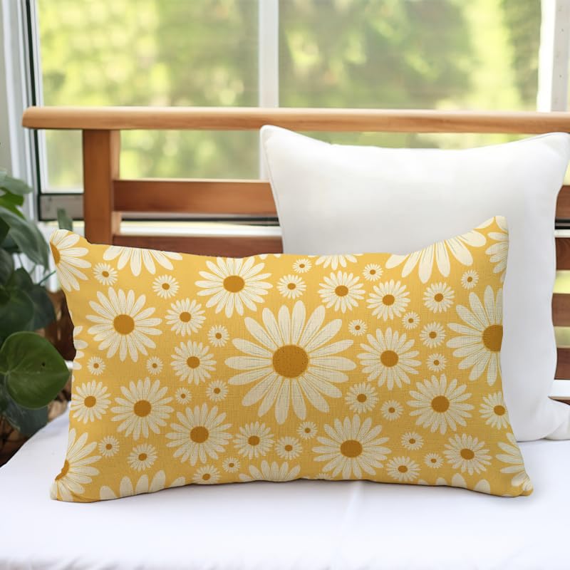 Fahrendom Daisy Flower Lumbar Pillow Cover 12x20 - Yellow Cotton Linen