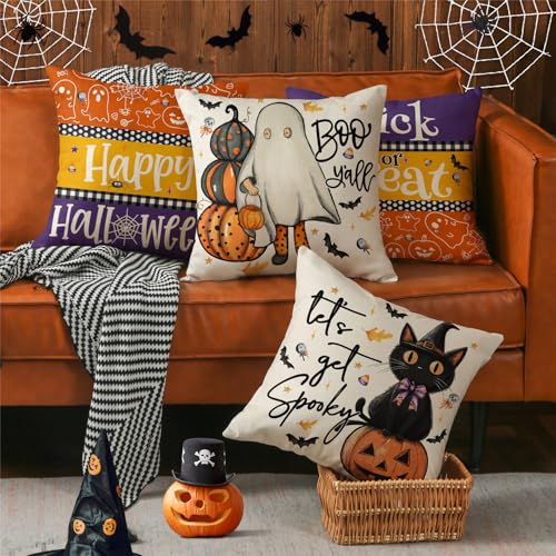 Modovos Halloween Throw Pillow Covers 18x18, Set of 4, Ghost & Pumpkin