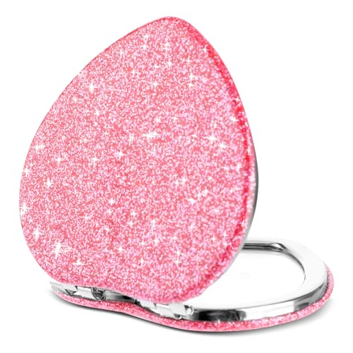 Dimeho Heart Shaped Compact Folding Mirror - Double Sided Portable Travel Makeup Vanity Mirror with 2X Magnification, Pink-Silver Glitter