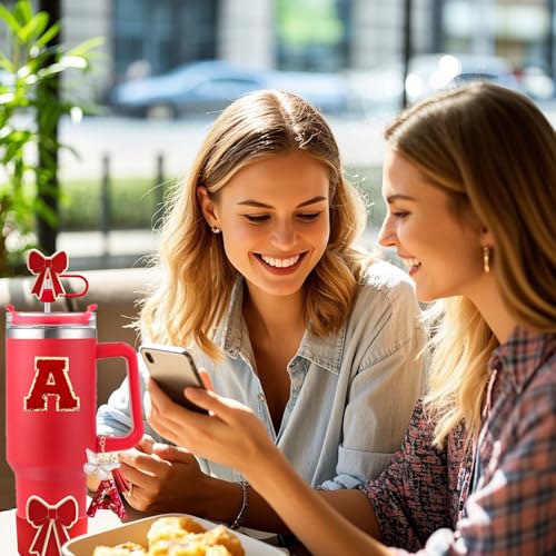 Red Stanley Cup Accessories Set with Bow Boot Leak-Proof Stopper and Initial Charm for 30/40oz Tumbler