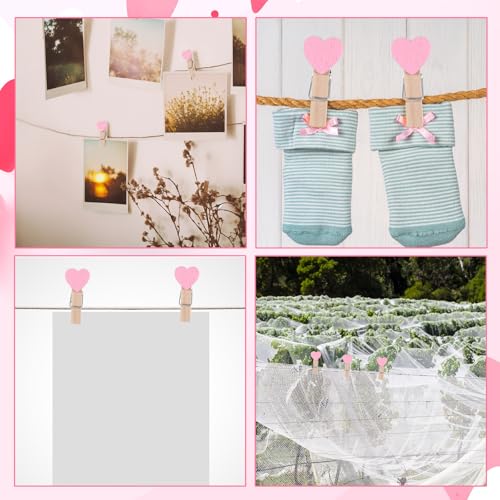 20 Pink Heart Wooden Clothespins with Jute Rope for Photos