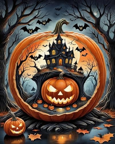 Halloween Diamond Painting Kit for Adults, Pumpkin Castle 5D Full Drill Gem Art