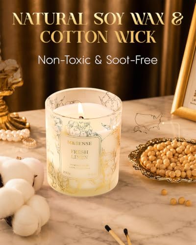 M&SENSE Fresh Linen Soy Candle, 8.1oz Gilded Glass Jar, Hypoallergenic