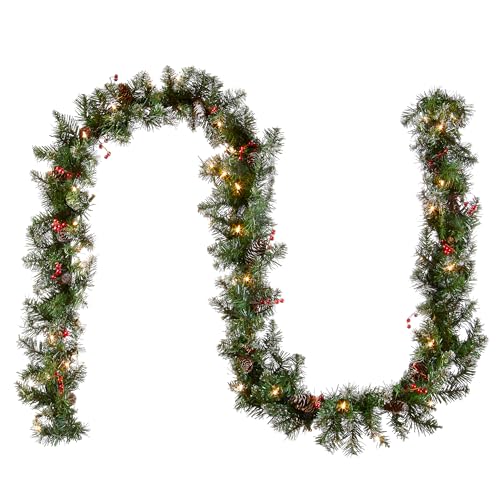 Pre-Lit Artificial Christmas Garland 9 Feet Glittery Mountain Spruce with Pine Cones & Berry Clusters - Indoor Outdoor Decor