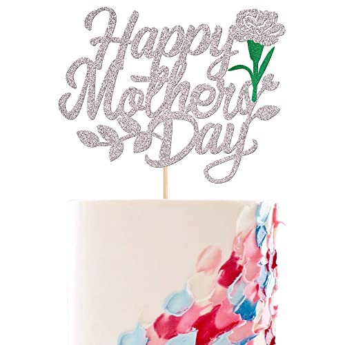 Happy Mother's Day Silver Glitter Cake Topper - Love You Mom Pick