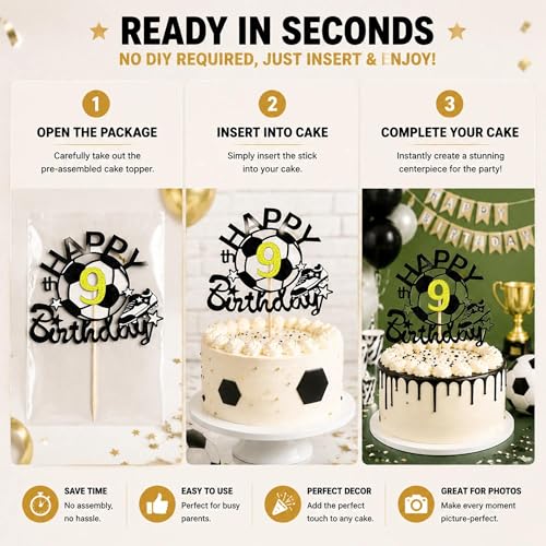 Black Glitter Soccer Happy 9th Birthday Cake Topper