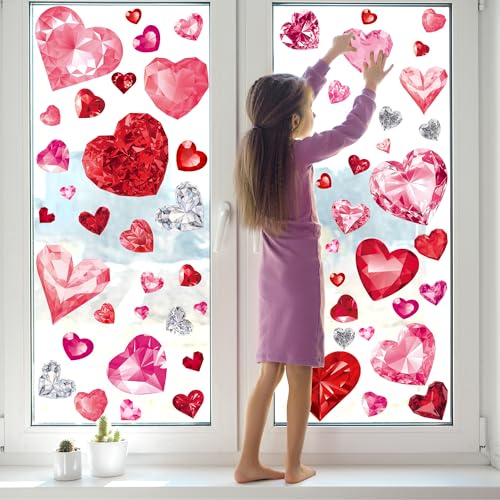 Valentine's Day Window Clings, 9 Sheets Double-Sided Diamond Heart Glass Stickers