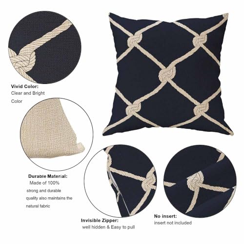 Nautical Rope Throw Pillow Cover 18x18, Maritime Navy Blue Cushion Case