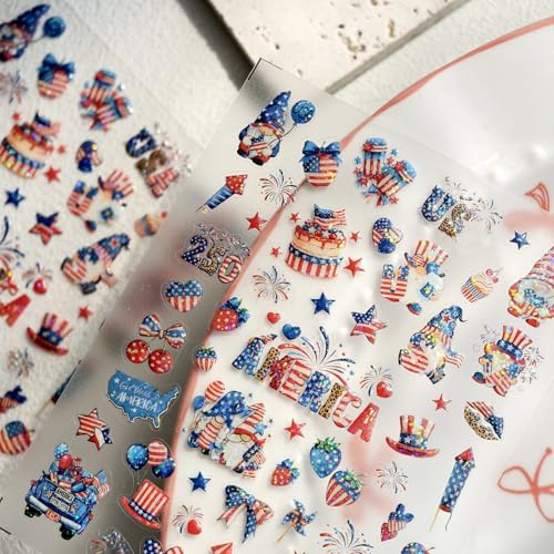 KRTBKR 5D Embossed 4th of July Nail Stickers American Flag Patriotic Decals