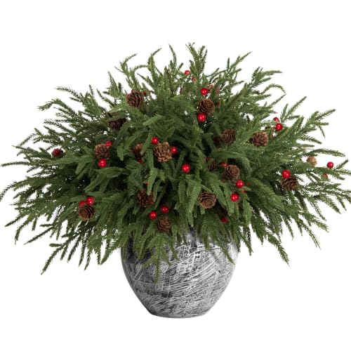Christmas Norfolk Pine Stems with Pinecones and Red Berries - Dark Green, 12 Pack