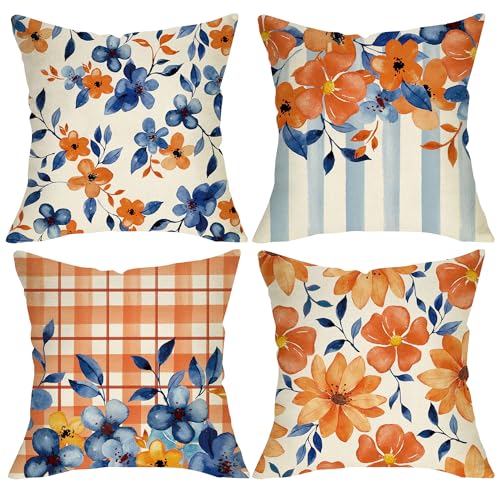 Blue Orange Flowers Decorative Throw Pillow Covers - Set of 4, 18x18