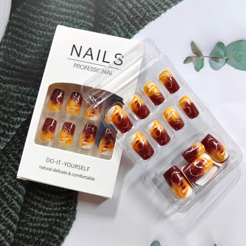 Ombre Brown Medium Square Press on Nails Glossy False Acrylic Nail Kit