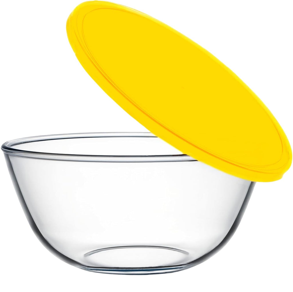 CGNWEEPS 4.7QT Large Glass Mixing Bowl with Yellow Lid, Big Salad Bowl with Lid, Large Glass Bowls for Sourdough and Kithen
