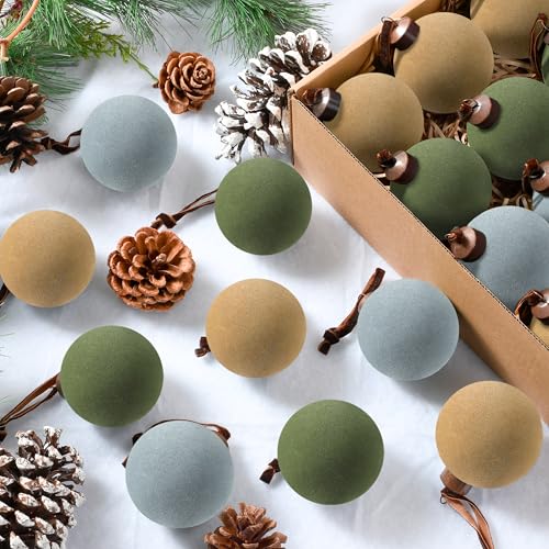 Velvet Christmas Balls Set - 30 Pcs 2.4 Inch Shatterproof Holiday Ornaments in Green Khaki Dusty Blue