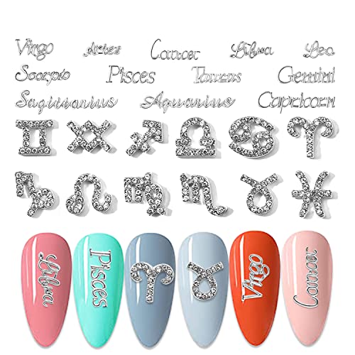 WOKOTO 24pcs Silver Zodiac Signs and Letters 3D Nail Art Charms