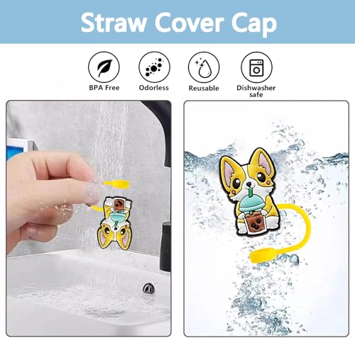Corgi Dog Straw Toppers for Stanley Cups - 4 Pcs Silicone Straw Covers