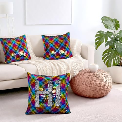 Rainbow to Silver Reversible Sequin Pillow Cover 16x16 Inch