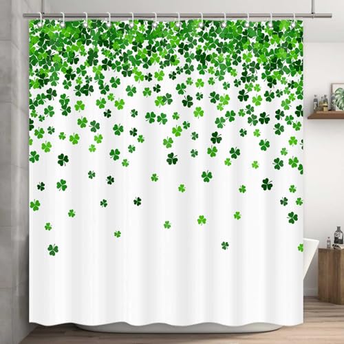 St. Patrick's Day Shower Curtain, Green Shamrock Fabric 72x72 Inch Set