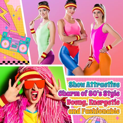 3 Pack Neon Sweatbands Set 80s Wristband and Headband Color War Accessories Sports Sweatbands for Party Halloween