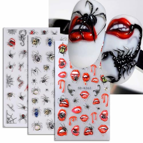 SWEET TREND Halloween Nail Stickers – 3 Sheets 5D Embossed Self-Adhesive Decals