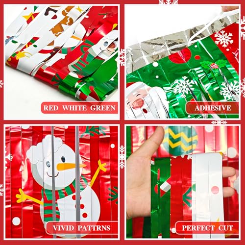 Festive Foil Fringe Curtains Red Green White with Santa & Reindeer - Christmas Party Backdrop & Photo Booth Props - 3 Pack