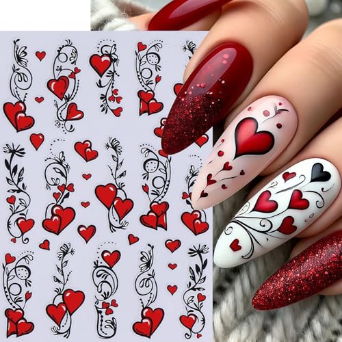 SHUXILIN 8 Sheets Red Heart Bow Nail Art Stickers Self-Adhesive 3D Decals