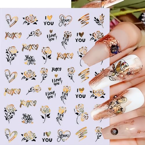 Valentine Heart Nail Art Stickers - 6 Sheets Black Gold 3D Decals
