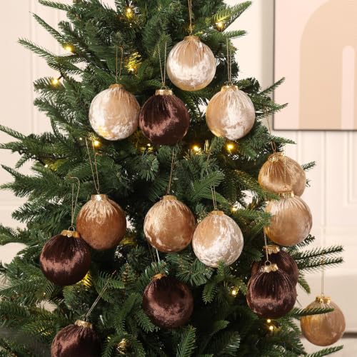 Velvet Christmas Ornaments Set - Brown Series 15 Pack 3.15 Inch Holiday Decor