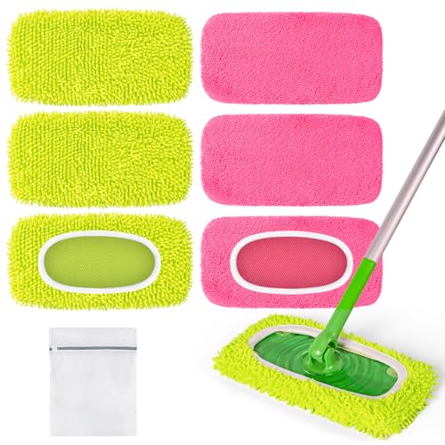 Clean Beastie 6-Pack Reusable Mop Pads for Swiffer - 3 Chenille & 3 Coral