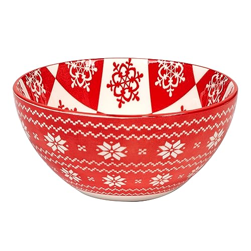 Peppermint Candy 13oz Porcelain Bowls, Set of 6 ? Festive Red & White Christmas All Purpose Snack, Dessert & Cereal Bowls with Cheerful Holiday Prints