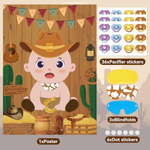 Pin the Pacifier Cowboy Baby Shower Game Set with Stickers