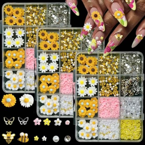 FINGCRO 600PCS 3D Nail Charms and Gems for Y2K Nail Art Design Daisy Flowers