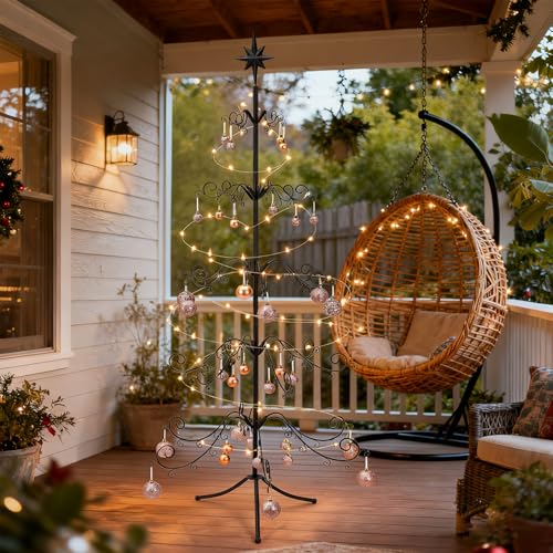 6ft Wrought Iron Christmas Tree Ornament Stand Black Scroll Green - Space Saving Holiday Decor