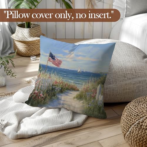 American Road Patriotic Throw Pillow Cover 18x18 - Rustic USA Flag Decor