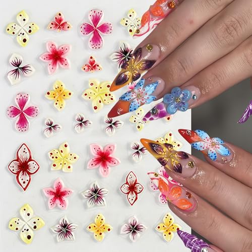5D Embossed Hawaiian Flower Nail Stickers Lily Hibiscus Decals (4 Sheets)