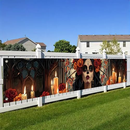 BlissYard Day of the Dead Fence Banner Sugar Skull Decor 118x20 In