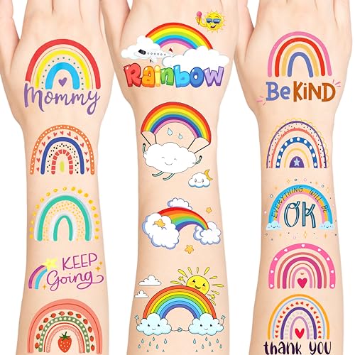 96 PCS Rainbow Temporary Tattoos for Kids, Waterproof Fake Tattoos
