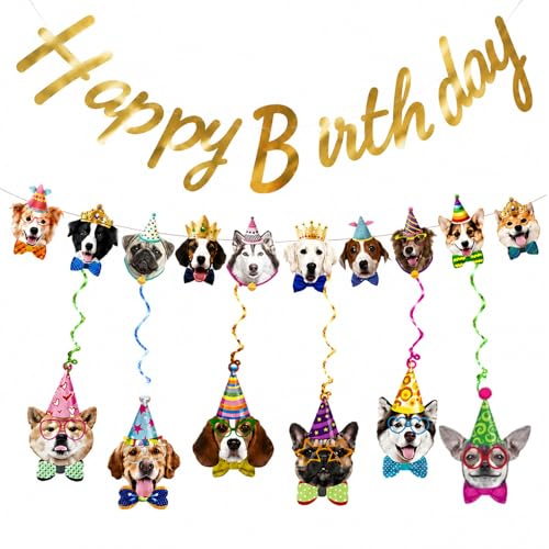 Dog Birthday Banner Set with Gold Glitter & Decorations