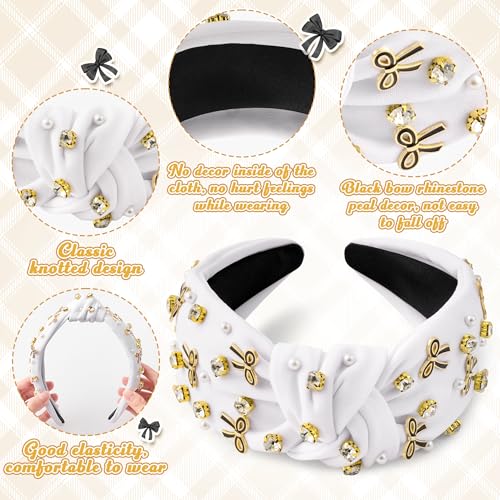 PANTIDE Rhinestone Jeweled Knotted Headband with Black Bow - White