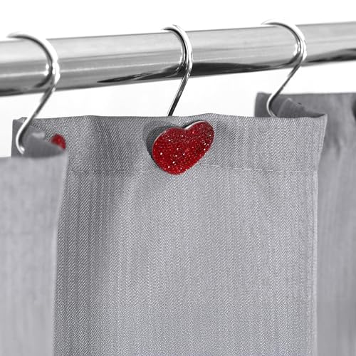 Red Heart Shower Curtain Hooks with Crystal Rhinestones - 12 Pcs