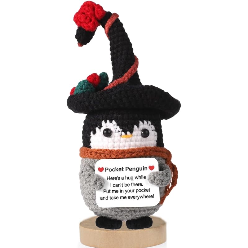 Handmade Crochet Penguin Doll with Witch Hat - Positive Halloween Decor